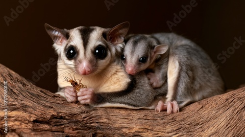 Adorable sugar glider mother and baby joey perched on a wooden branch while eating an insect