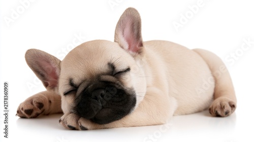 Adorable fawn French Bulldog puppy sleeping peacefully on white background