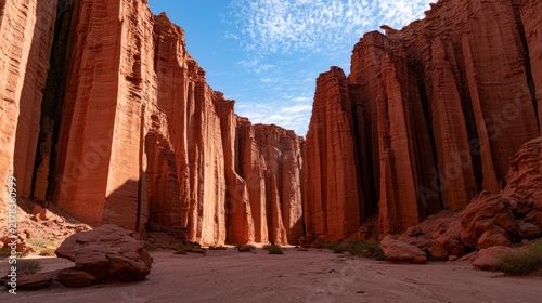 Stunning Red Sandstone Cliffs and Towering Formations in a Desert Canyon Landscape under a Clear Blue Sky