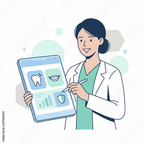 Female Dentist Doctor Holding Digital Tablet with Dental Care App, Flat Vector Illustration of Online Dentistry, Consultation, and Oral Health