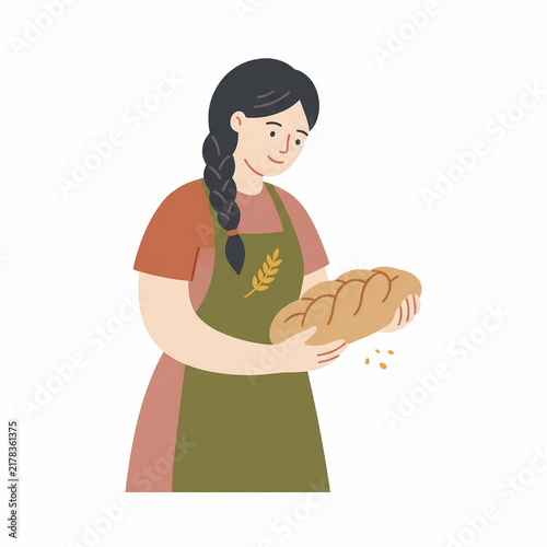 Young Female Baker Holding Freshly Baked Homemade Bread, Flat Vector Illustration of Artisan Bakery, Cooking, and Small Business
