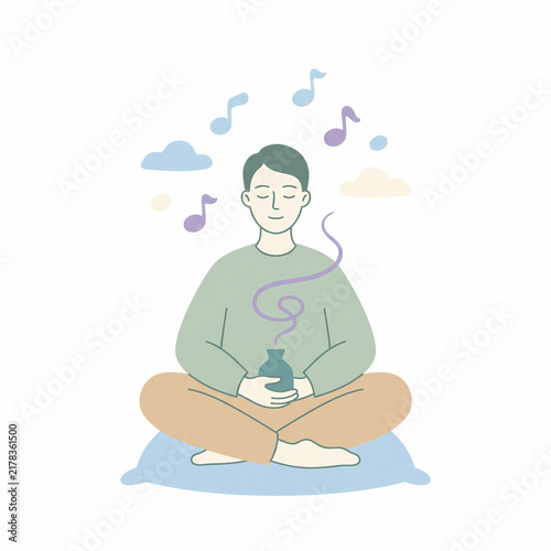 Young Man Meditating with Aromatherapy and Relaxing Music, Flat Vector Illustration of Mindfulness, Mental Health, and Wellness