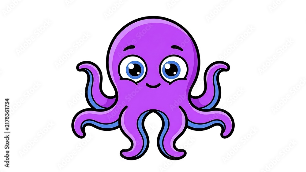 Fototapeta premium Cute Blue Octopus Cartoon Character Vector Illustration, Funny Smiling Sea Creature Isolated on White, Playful Ocean Animal Monster Drawing for Kids and Creative Design