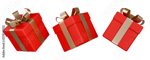 Red Realistic 3D Present Box Icon Set with Shiny Metallic Ribbon Bow