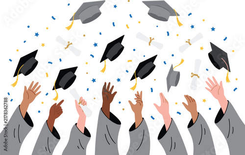 Graduation celebration illustration featuring diverse graduates tossing academic caps and diplomas with colorful confetti and joyful achievement