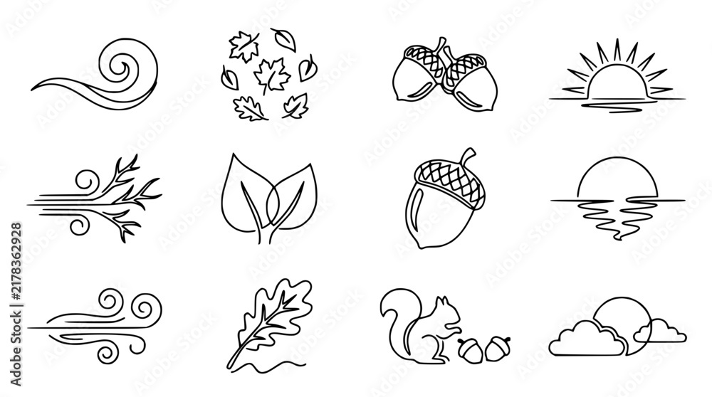 Obraz premium Autumn Nature Icons: Wind, Leaves, Acorns, Sun, Squirrel, Clouds Set