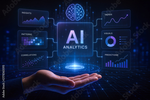 Fototapeta kuchenna AI Analytics platform hand presenting AI-powered business intelligence visualization Dark futuristic environment for spreadsheet analysis pattern correlations insights trends predictions visuals
