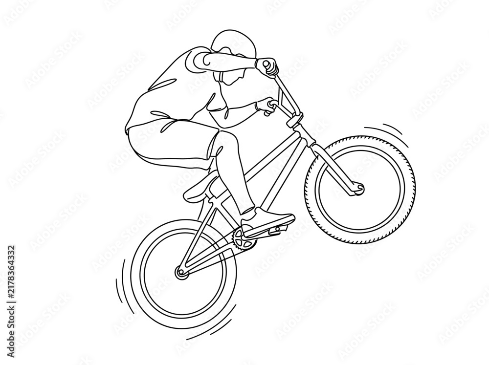 Obraz premium Line drawing of a person performing a bicycle stunt, lifting the front wheel.