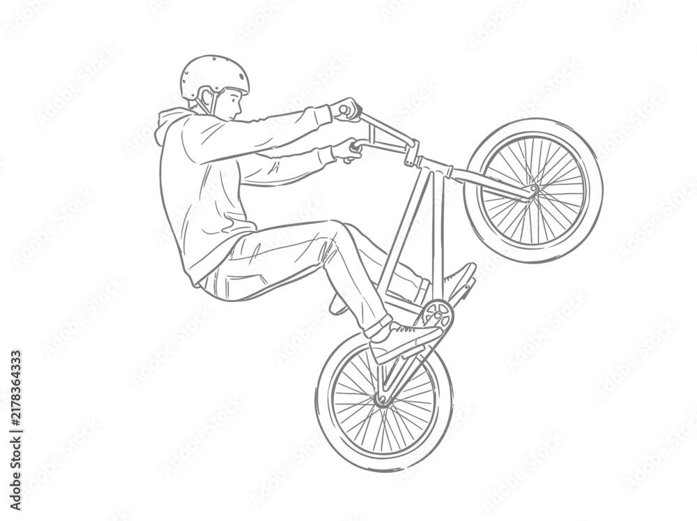 Fototapeta premium Line drawing of a person performing a wheelie on a BMX bike, showcasing balance and skill.