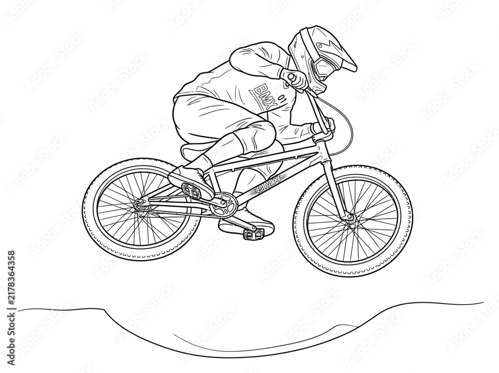 Fototapeta premium A detailed line drawing of a BMX rider in mid-air, performing a jump over a dirt track.