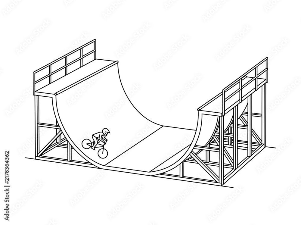 Obraz premium A line drawing of a person riding a BMX bike on a half-pipe ramp, illustrating an extreme sport activity.