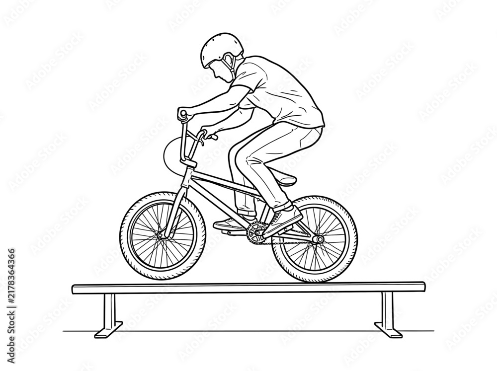 Fototapeta premium A person on a BMX bike balancing on a flat rail, wearing a helmet, in a line drawing style.