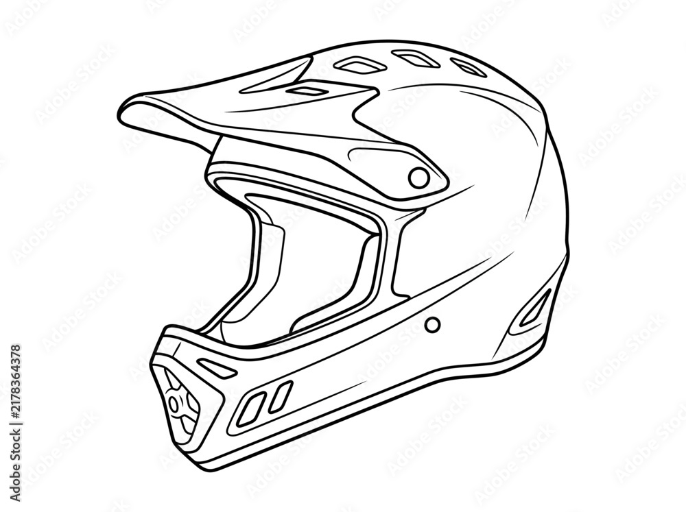 Obraz premium Line art illustration of a full-face mountain bike helmet with a visor and ventilation holes, depicted from a three-quarter view.