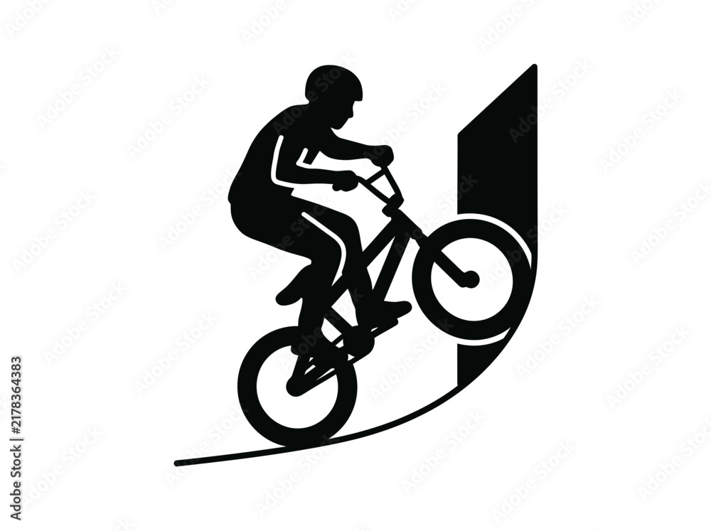 Obraz premium Dynamic black silhouette of a BMX cyclist in action, riding up a curved ramp or quarter pipe.