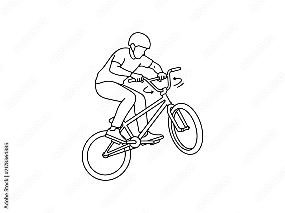 Fototapeta premium Line art illustration of a person wearing a helmet, riding a BMX bike and performing a wheelie trick with handlebars turning.