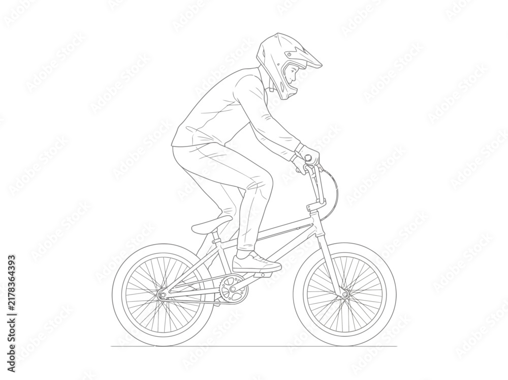 Fototapeta premium Line art illustration of a person riding a BMX bicycle, wearing a full-face helmet and protective clothing, depicted in a side profile view on a white background.