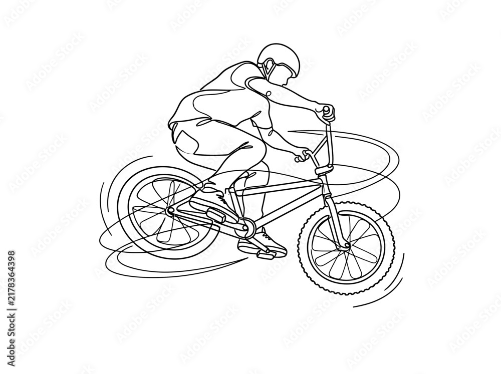 Fototapeta premium Continuous line drawing of a person riding a BMX bicycle with motion lines.