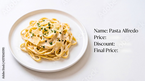 Creamy fettuccine alfredo pasta dish served on white plate with fresh herb garnish with showcases close up rich herbs elegantly presented