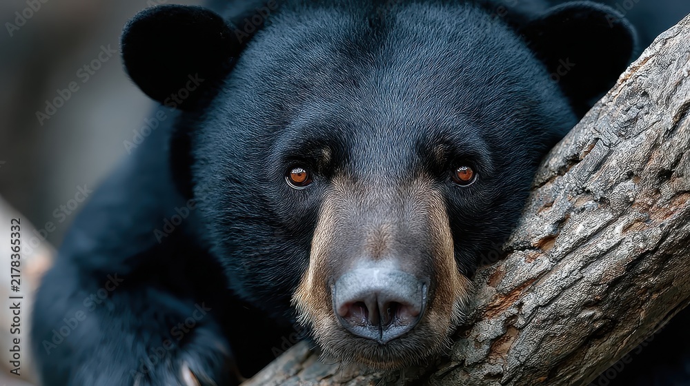 Fototapeta premium A striking close-up captures the intense gaze of a sun bear, as it rests its head on a tree limb, showcasing the beauty of this endangered animal