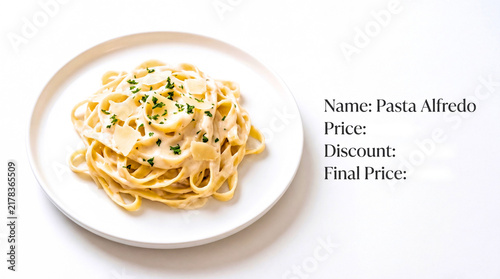 Creamy fettuccine alfredo pasta served on white plate with garnish for restaurant menu with clean background appealing showcases close generous