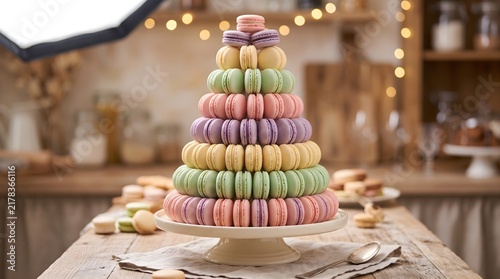Colorful macaron tower, festive Dessert display, pastel meringue confectionery arrangement, wooden table treats, wedding party cake alternative, bakery celebration centerpiece