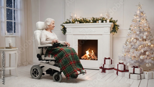 An elderly woman in an electric wheelchair by a Christmas fireplace