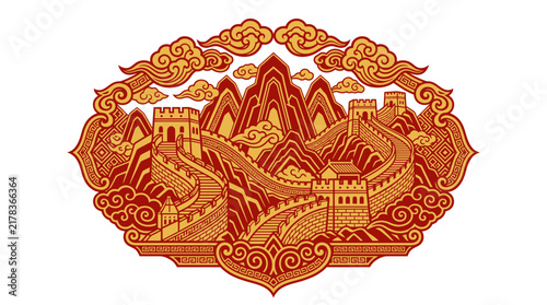 Ancient Fortress Wall in Traditional Oriental Style Illustration