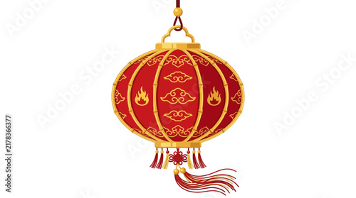 Traditional Red Lantern Illustration with Golden Ornaments on White Background