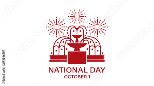Minimalist Red Fountain and Fireworks Illustration for National Day Celebration