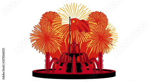 Red flag with yellow stars and festive fireworks over fountain