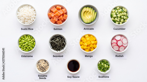 Fresh ingredients arranged for healthy asian inspired dish preparation with displays twelve neatly organized bowls vibrant ingredients