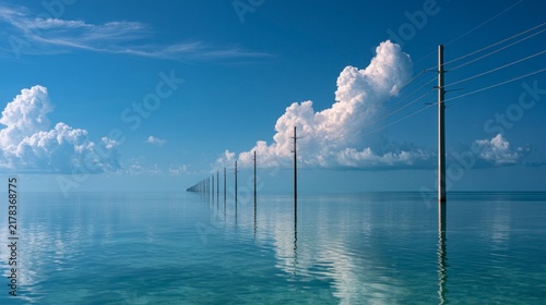 Power lines and utility poles stretching across calm turquoise ocean water under a blue sky with white clouds