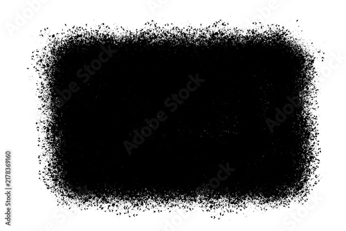 Black rectangular grunge paint texture with distressed splatter edges and rough brush effect isolated on transparent background.
