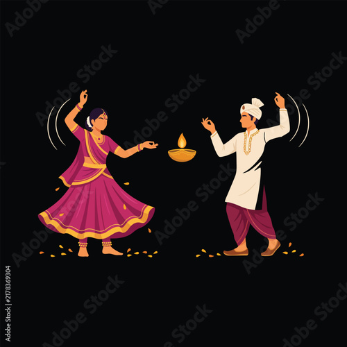 Indian dancers celebrating festival with traditional attire and diya.