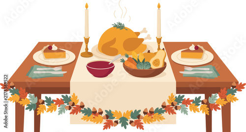 Thanksgiving dinner table with roasted turkey and pumpkin pie.