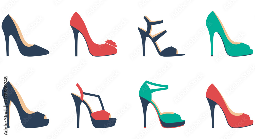 Obraz premium Collection Of Colorful High heeled Shoes Vector Illustration On White Background