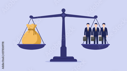 Fotografía Money bag and businessmen on a balanced scale, representing value comparison