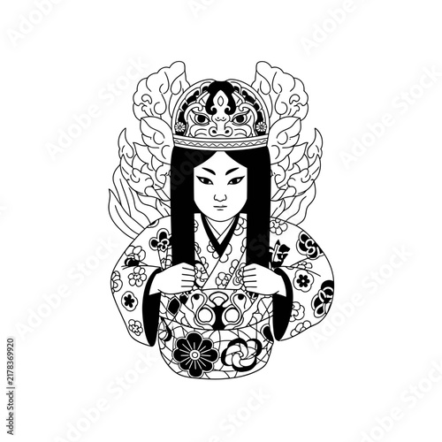 Detailed black and white Japanese geisha woman illustration.