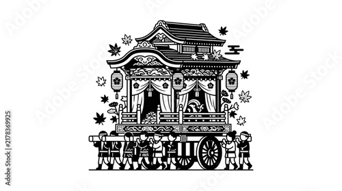 Detailed black and white festival float line art.