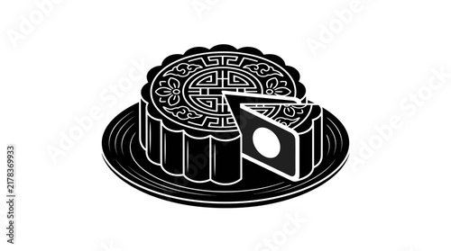Detailed black and white mooncake on plate illustration.