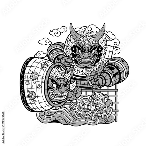 Detailed black and white Nebuta warrior and drum illustration.