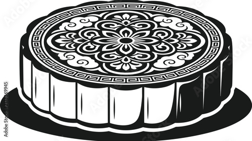 Detailed black and white mooncake perspective view.