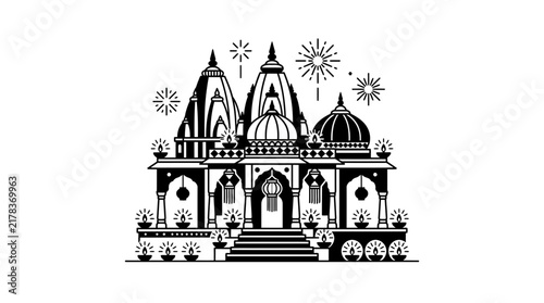 Detailed black and white temple complex silhouette.