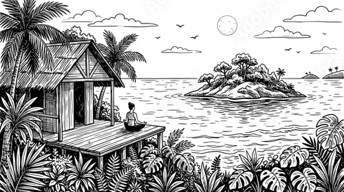 Detailed black and white tropical beach hut sketch