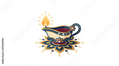 Detailed ceremonial oil lamp with mandala base.