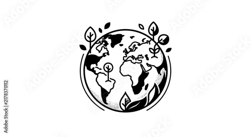 Detailed Earth globe icon with surrounding leaf and foliage.