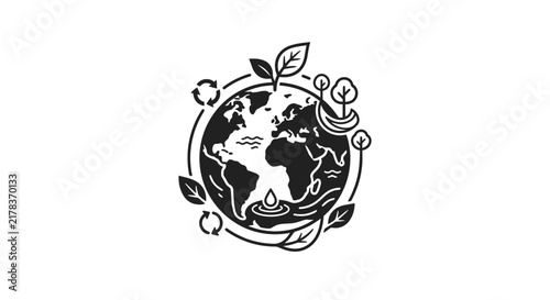 Detailed eco earth globe with water and plants.