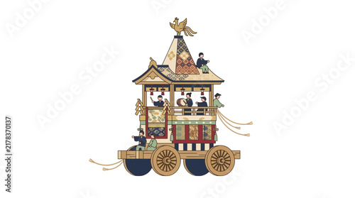 Detailed festival float with golden bird decoration.