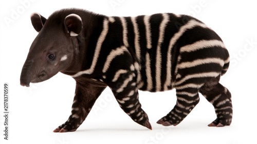Baby Malayan Tapir calf with distinctive white camouflage stripes and spots isolated on a white background