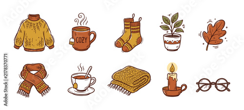 Bild auf Leinwand Cozy Autumn Vector Icon Set Sweater Warm Illustration Bundle